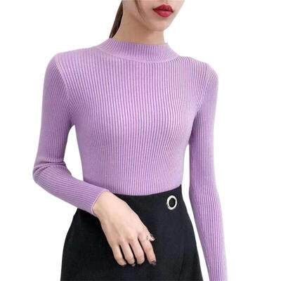

Autumn Women Knitted Base Shirt Half High Collar Slim Solid Color Bottoming