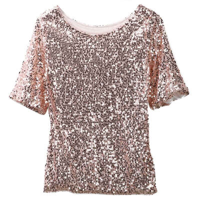 

Ladies Sloping Shoulder Glistening Sequin Slim Shirt Tops Blouses Women T Shirts