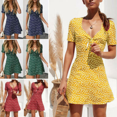

Women Boho Floral Chiffon Summer Party Evening Beach Short Mini Dress Sundress