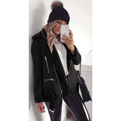 

Roseonmyhand Women Fashion Casual Zipper Wide Lapel Fleece Long Sleeve Pure Color Jacket coat