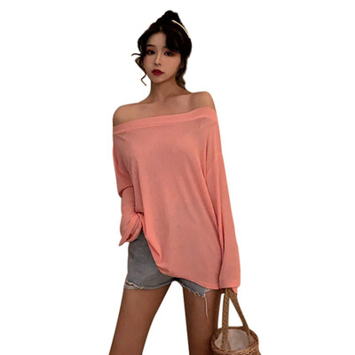 

Sexy Slash Neck Full Sleeve T Shirt Summer Women Off Shoulder Solid t-shirt Casual Loose Ladies T-Shirt Tops