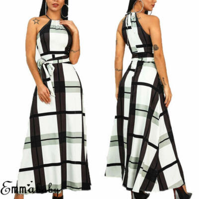 

Women Halter Neck Long Evening Formal Cocktail Party Ball Gown Maxi Plaid Dress