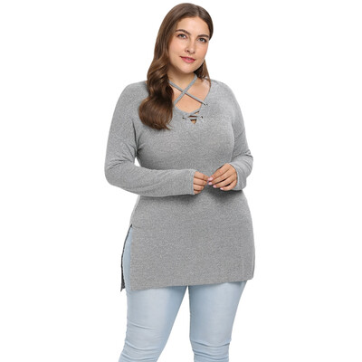 

V Neck Lacing Up Long Sleeve Slit Solid Color Plus Size Women T-shirt