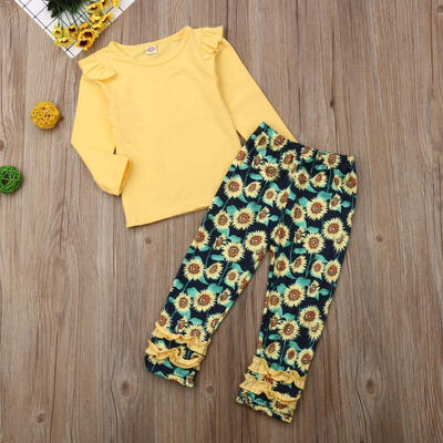 

Autumn Toddler Baby Girls Yellow Outfits Flying Long Sleeve Solid Color Yellow Top Sunflower Leggings Pants Outfits Clothes 2P