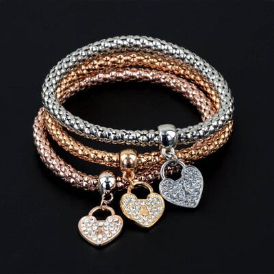 

Hot European Fashion Women 3Pcs Gold Silver Rose Gold Chain Bracelets Set Rhinestone Bangle Pendant Bracelet Jewelry