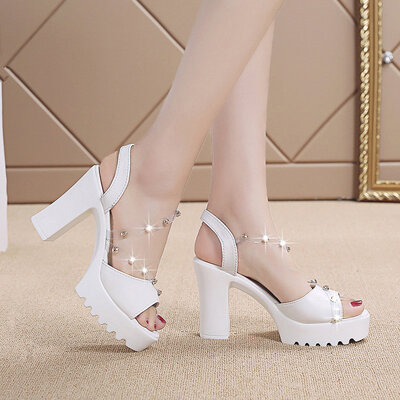

Transparent diamond sexy slim high-heeled sandals women Joker thick-heeled water table fish-mouth shoes tide fairy wind