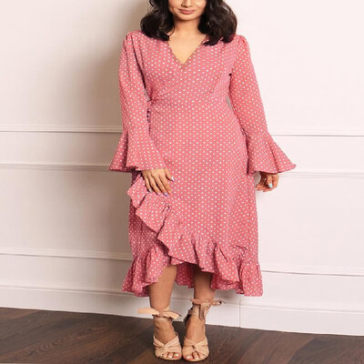 

Polka Dots Printed V-neck Flare Long Sleeve Flounce Wrap Dress