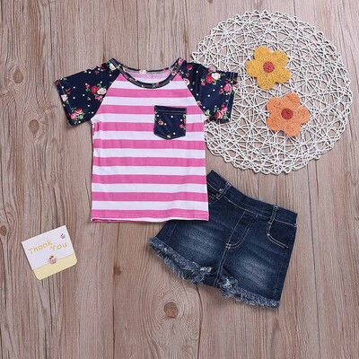

Newborn Baby Girls Boys Floral Striped PrintJeans Denim Short Pants Set Clothes