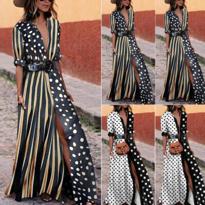 

US Women T-Shirt Long Maxi Dress Split Evening Party Solid Shirt Dress Plus Size