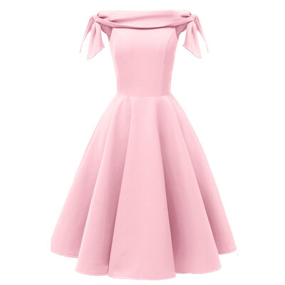 

Lace up Off shoulder Party Dress Women Clothes Vintage Evening Short Sleeve Midi A-Line Solid Slash Neck Dress