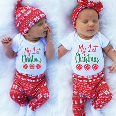 

Baby Boy Girl Newborn First Christmas Clothe Romper Pant Hat Outfit 3Xpieces Set