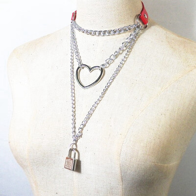 

Gothic Lock Chain Necklace Multilayer Punk Choker Collar Goth Pendant Necklace Women Black Leather Jewelry 2019