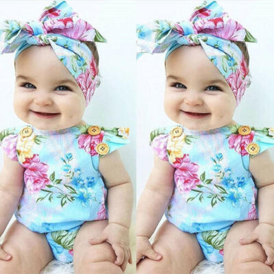 

Fashion Newborn Baby Girls Floral Romper Bodysuit Headband 2Pcs Cotton Outfits