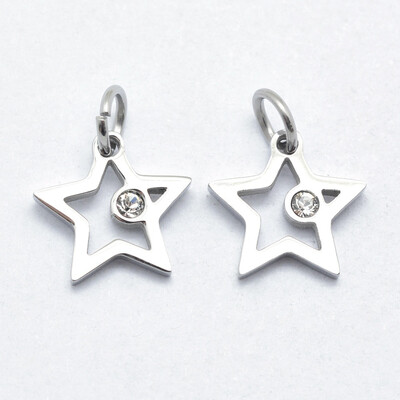

316 Stainless Steel Pendants with Cubic Zirconia Long-Lasting Plated Star Clear Stainless Steel Color 14x14x2mm Hole 3mm