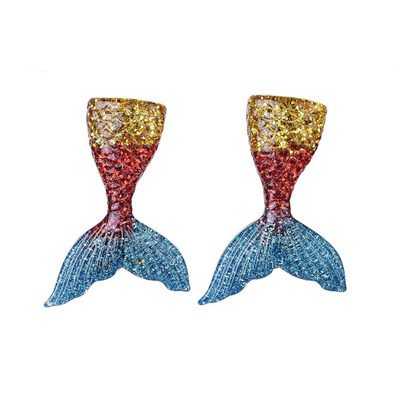 

Resin Glitter Powder Ear Studs with Environmental Plastic Imitation Pearl&304 Stainless Steel Findings Mermaid Tail Yellow