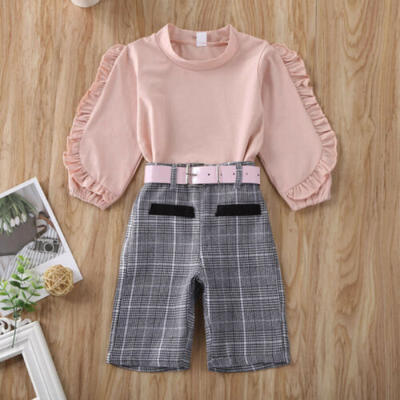 

US Baby Kids Girls Ruffles Cotton Tops Plaid Pants Belt Outfits Clothes 1-6Y