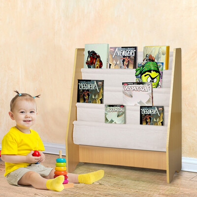 

Gobestart Childrens Wooden 4 Layer Fabric Sling Bookcase Toy Picture Book Storage Rack