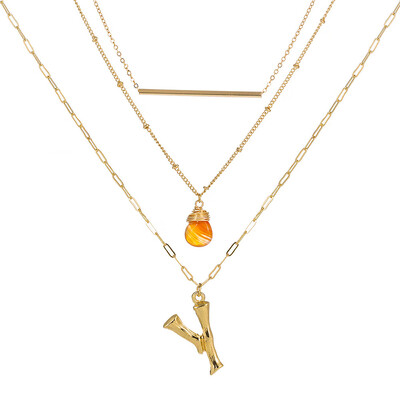 

Small Orange stone Gold Metal Bamboo 2cm 26 Letter Alphabet A-Z Minimalist Initial Pendant Necklace Fashion Twist Chain Jewelry