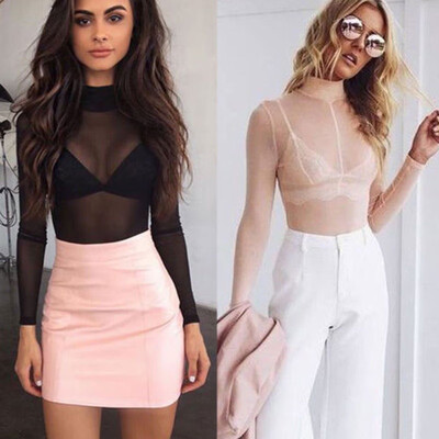 

Women Sheer Mesh Fish Net Long Sleeve Turtle Neck See Crop Top T-Shirt Blouse
