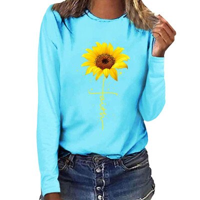 

2019 Fashion Casual Women Sunflower Printing O-neck Long sleeves T-shirt