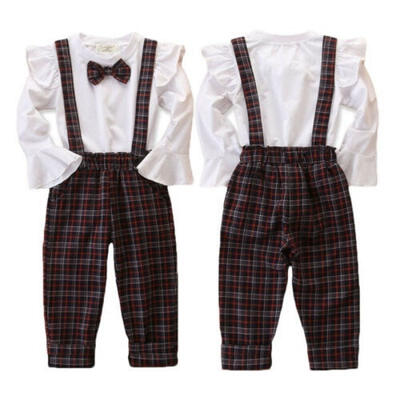 

Toddler Baby Girls Outfits Ruffled Collar TopsPlaid Overall Bib Pants Clothes Sets