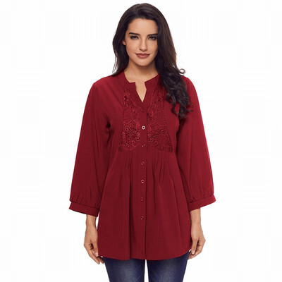 

Solid color V-neck single-breasted long-sleeved printed medium-length shirt-style casual top