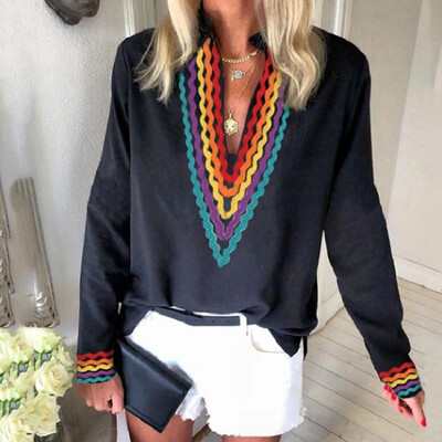 

Amazon wish2019 autumn&winter explosion models European&American national wind stripes v-neck long-sleeved casual ladies s