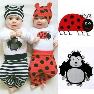 

3PCS Set Newborn Baby Boys Girl Romper Tops Long Pants Hat Outfit Clothes 0-18M