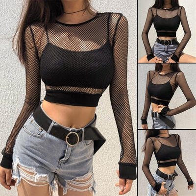 

Women&39s Ladies Sexy Long Sleeve See Through Mesh Fishnet Crop Top T-Shirt Set