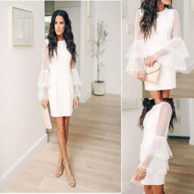 

Women Lace Short Dress Cocktail long sleeve Formal Ball Gown Prom Mini Dresses