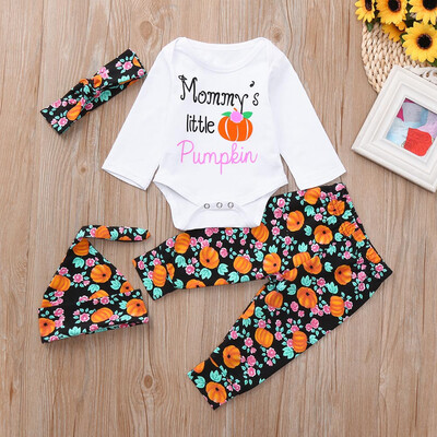

4Pcs Toddler Infant Baby Girls Boys Letter Pumpkins Romper Halloween Outfits Set
