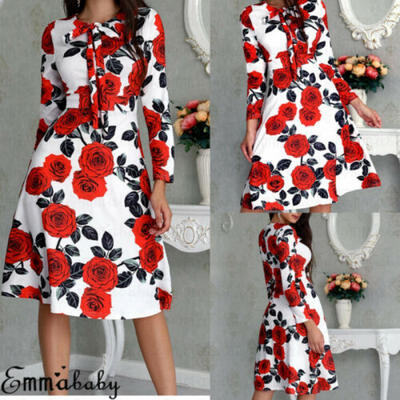 

Autumn Spring Vintage Dress Women Retro Tunic Long Sleeved Print Floral Dresses