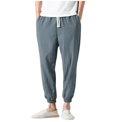 

Gobestart Mens Casual Vintage Loose Cotton Linen Pure Color Comfort Ankle-Length Pant