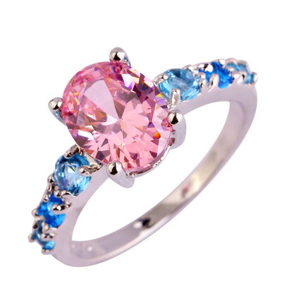 

Wholesale New Arrival Jewelry pink crystal with blue crystal CZ Silver Color Ring Size 6 to 13 For Women