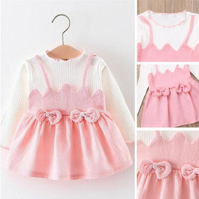 

Cute baby girl pink long sleeve dress Bow-Knot Casual Tutu Princess Party Dresses 0-3 Y