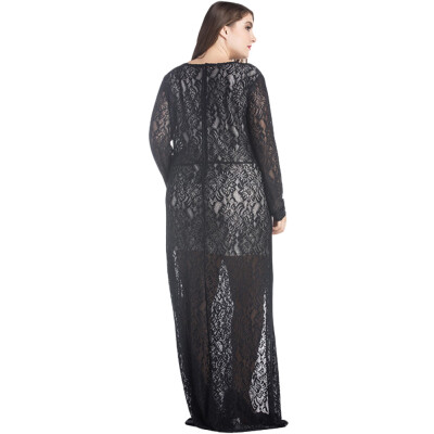 

Women Plus Size Lace Maxi Dress V-Neck Full Sleeve Lined Evening Party Solid Long Dress