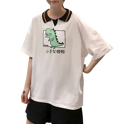 

Women Summer Design Cute Student Loose Polo Collar T-Shirt Half Sleeve Dinosaur Print Polo Shirt White