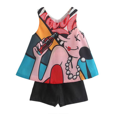

Korean Girl Kids Cartoon Clothes Set Summer Vest Dress Shorts Loose Outfits