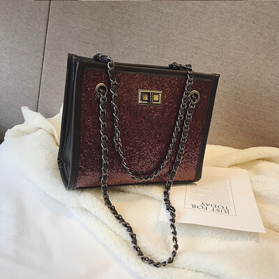 

Elegant Female Sequin Tote bag 2019 Summer New Quality PU Leather Womens Designer Handbag Lock Chain Shoulder Messenger Bag