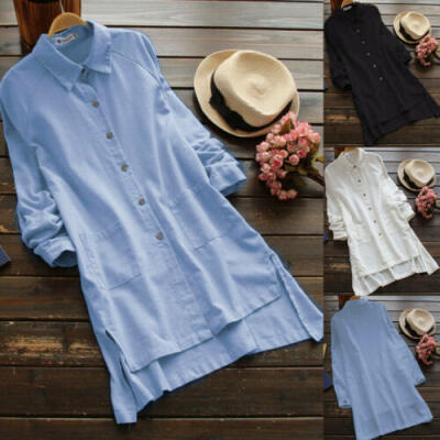 

Women Solid Plus Size Summer Blouse Tunic Holiday Cotton Linen Shirt Dress