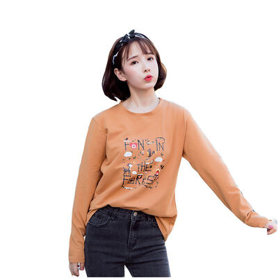 

Cartoon Print O-neck Korean Style Loose Long Sleeve T-shirts Women Wild Autumn Pullovers Simple Tops Female -2XL