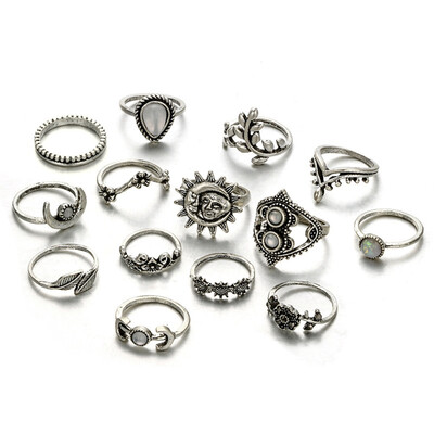

14pcs Vintage Bohemian Crown Starfish Turquoise Ring Set Beach Crescent Shell Turtle Owl Crystal Rings