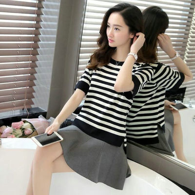 

Womens Short Sleeve Stripe Print O Neck T-Shirt Black White Casual Female Girl Summer Tops t-shirts New