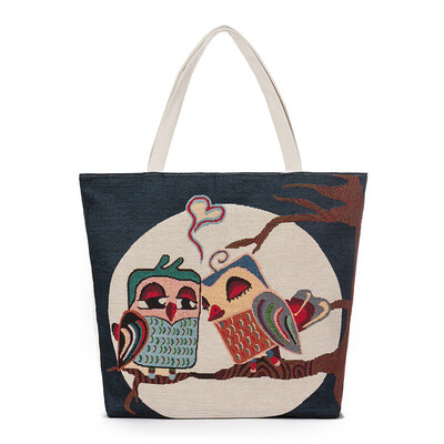 

Muliti Pocket New Women Canvas Handbag Animal Floral Embroidery Jacquard Shoulder Bag Large Capacity Casual Shopping Bag Tote Wall