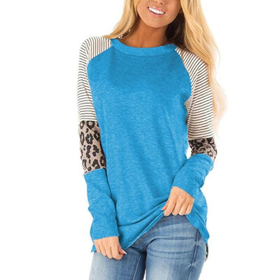 

Fashion Women Autumn Splicing Longline T-Shirt Striped Leopard Print O Neck Long Sleeve Casual Top