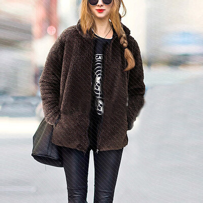 

Roseonmyhand Womens Plus SIze Fashion Lapel Solid Color Loose Plush Zip Pocket Jacket Coat