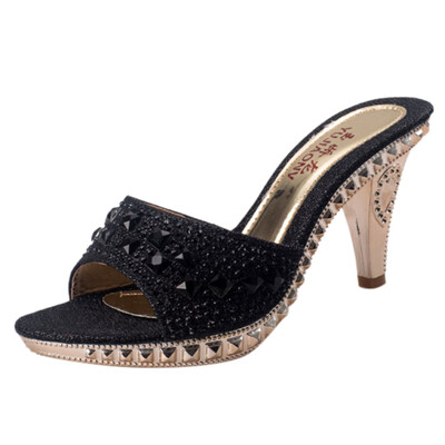 

Rose Womans Fashion Casual Crystal Thick Heel High Heel Slippers Ladies Party Shoes