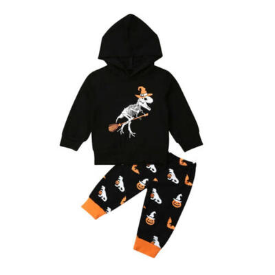 

US Kid Baby Boy Halloween Dinosaur Skeleton Hooded Tops Pumpkin Pants Outfit Set