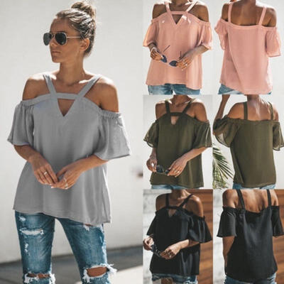 

Womens Cold Off Shoulder Tops T Shirt V Neck Short Sleeve Summer Top Blouse -XL