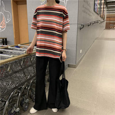 

Loose round neck stripe T-shirt female summer korean style kawaii tes oversize clothes tshirt